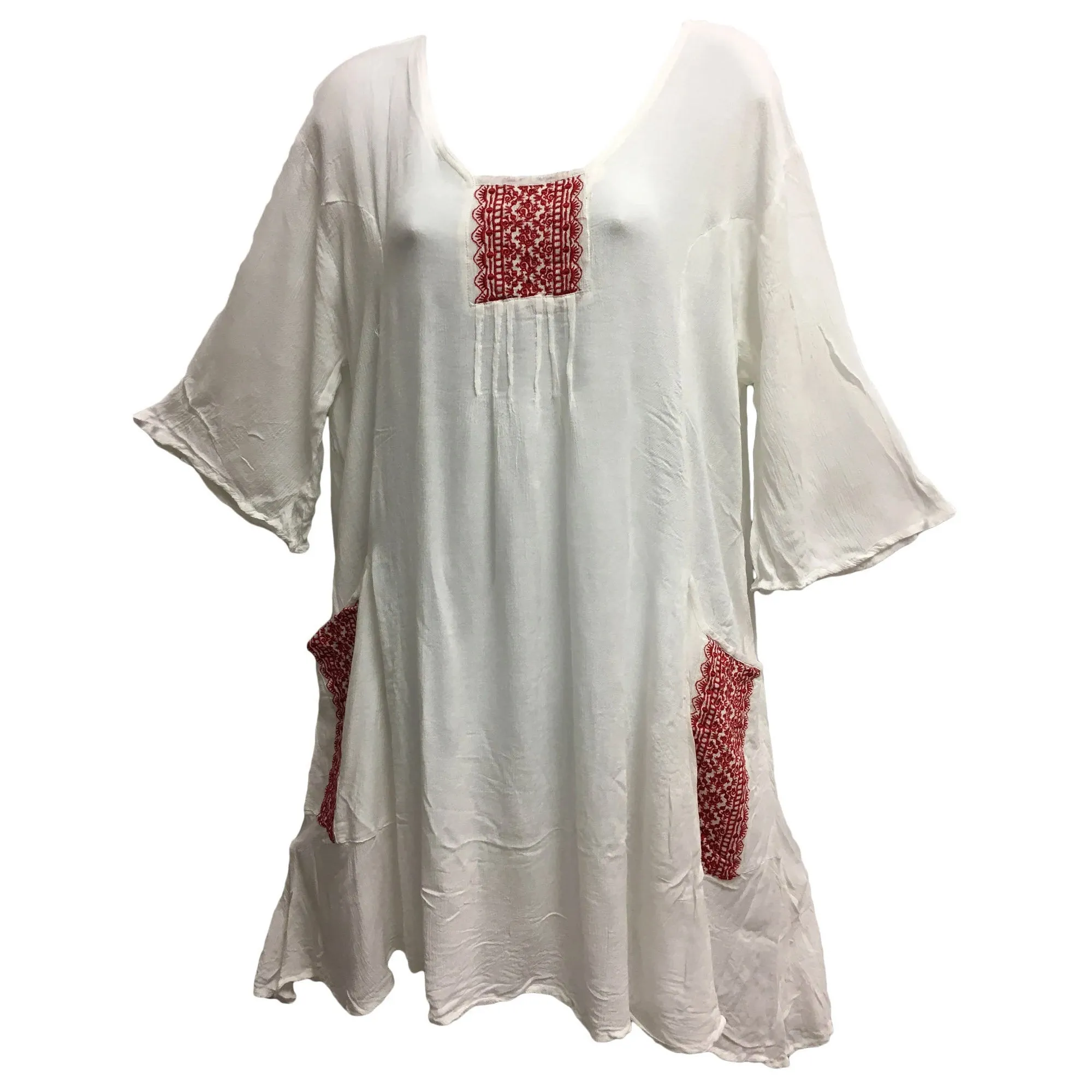 Boho White Gauze Cross Stitch Embroidery Loose Casual Short Sleeve Swing Dress with Pockets .midi Boho dress with Pockets.