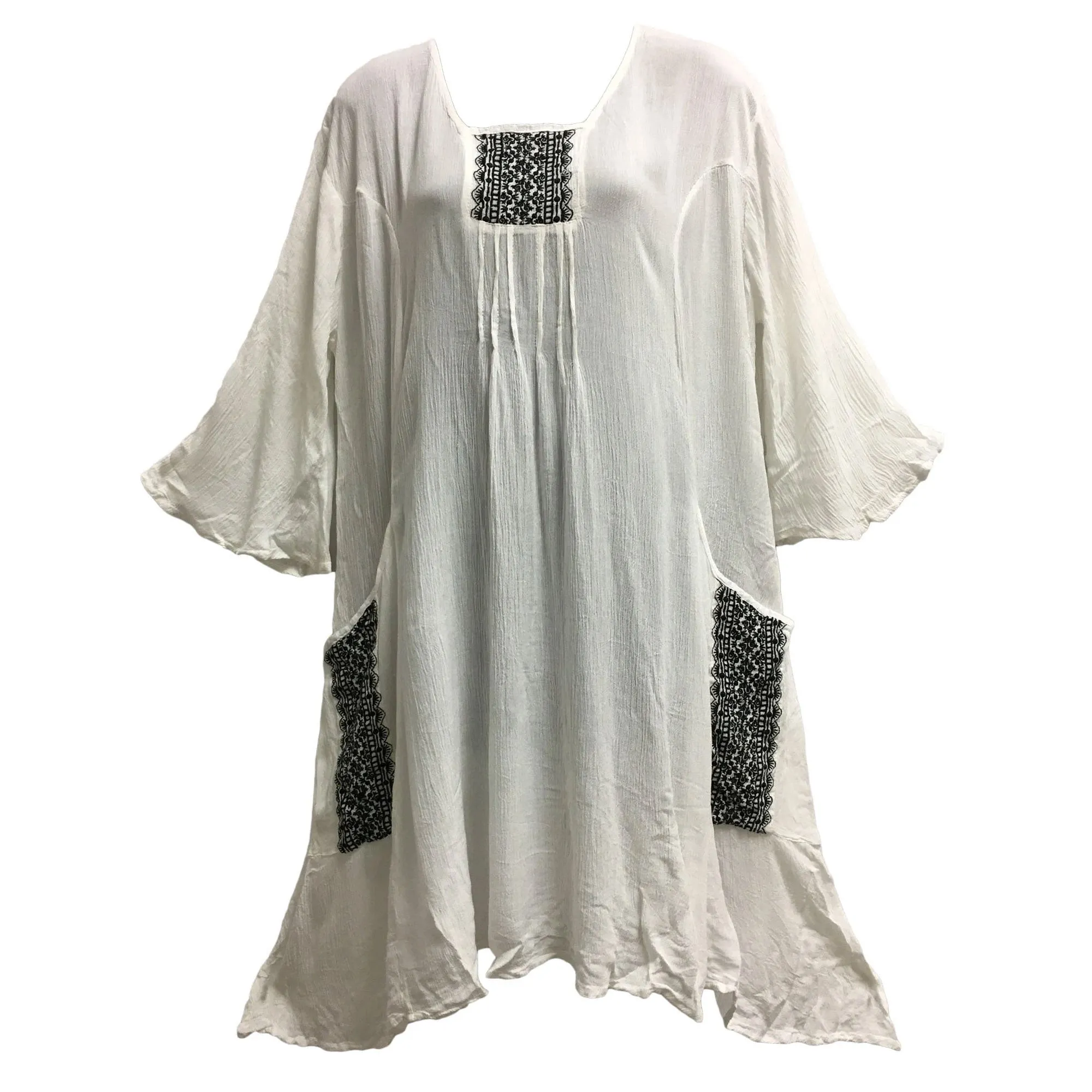 Boho White Gauze Cross Stitch Embroidery Loose Casual Short Sleeve Swing Dress with Pockets .midi Boho dress with Pockets.