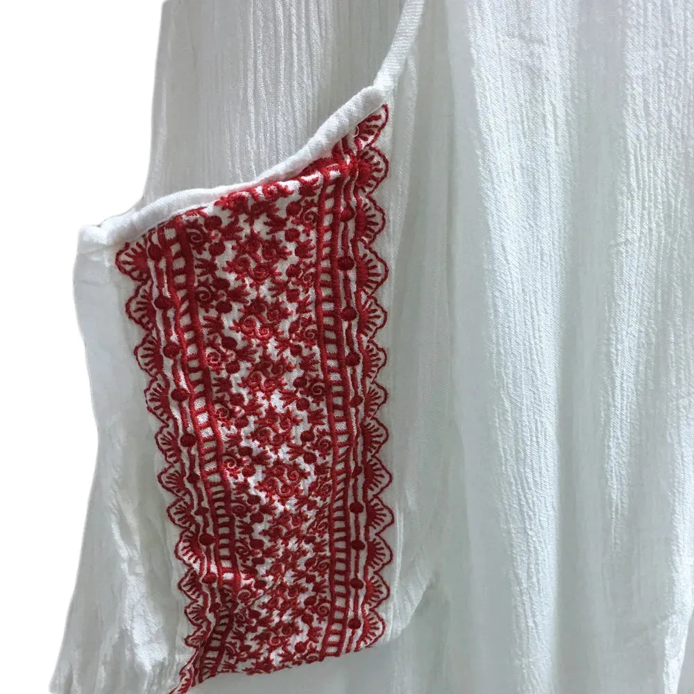 Boho White Gauze Cross Stitch Embroidery Loose Casual Short Sleeve Swing Dress with Pockets .midi Boho dress with Pockets.