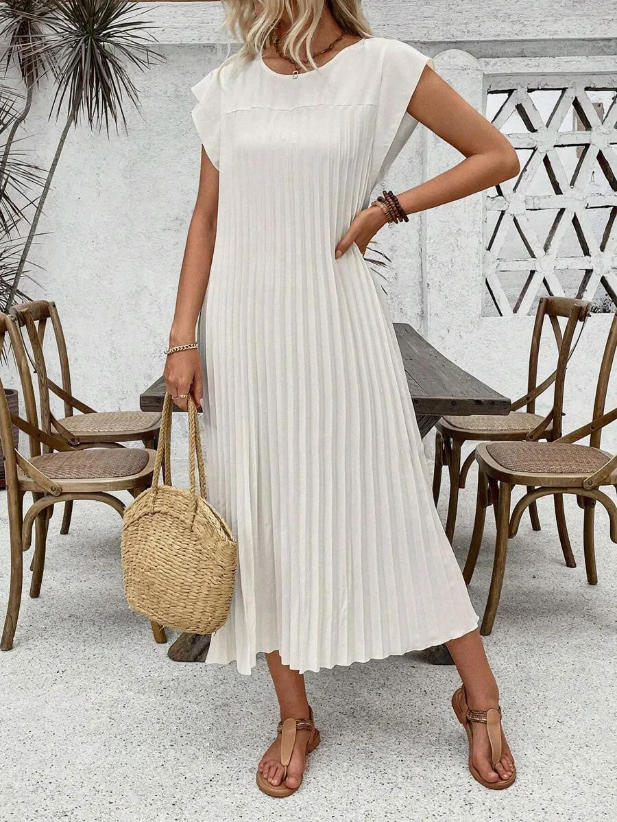 LUNE Women's Solid Color Simple Everyday Short Sleeve Pleated Dress