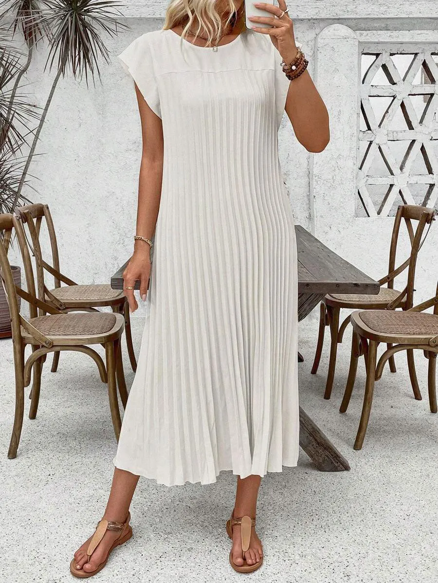 LUNE Women's Solid Color Simple Everyday Short Sleeve Pleated Dress