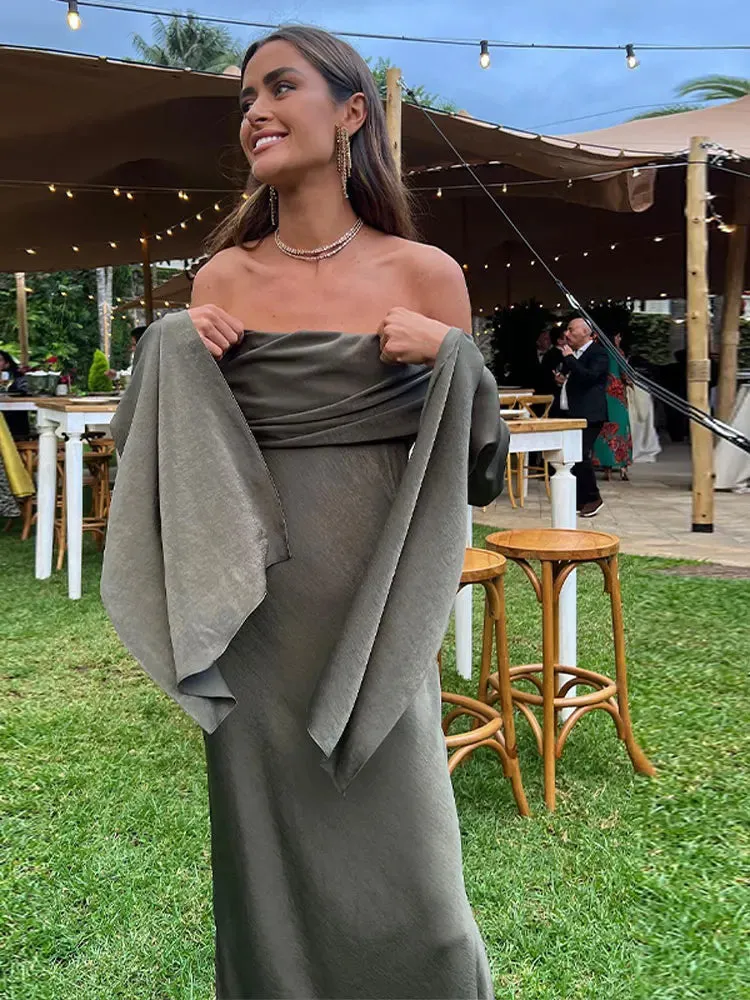 Mqtime Off Shoulder Backless Pleated Satin Maxi Dresses For Women Elegant Split Long Sleeve Dress Green Dress Lady Party Club Vestidos
