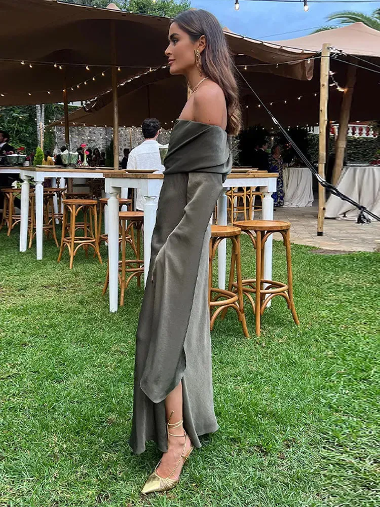 Mqtime Off Shoulder Backless Pleated Satin Maxi Dresses For Women Elegant Split Long Sleeve Dress Green Dress Lady Party Club Vestidos