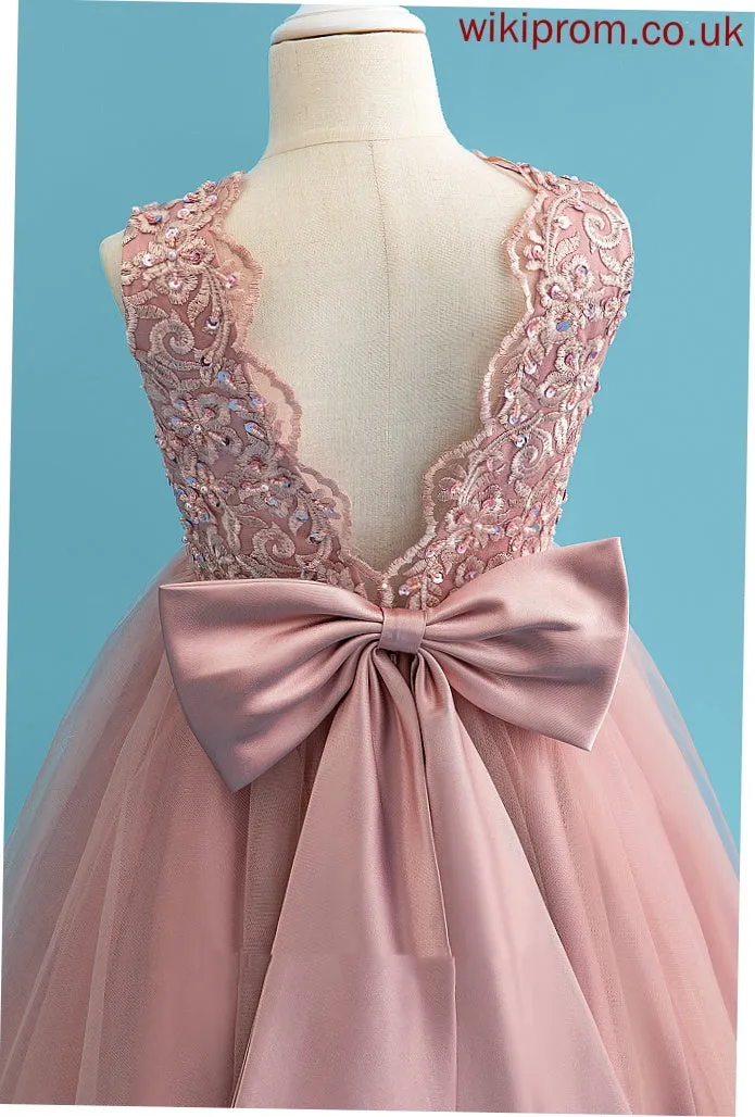 With Flower Girl Ball-Gown/Princess Scoop Beading/Sequins Floor-length Sleeveless Dress Flower Girl Dresses Satin/Tulle/Lace - Elaine Neck