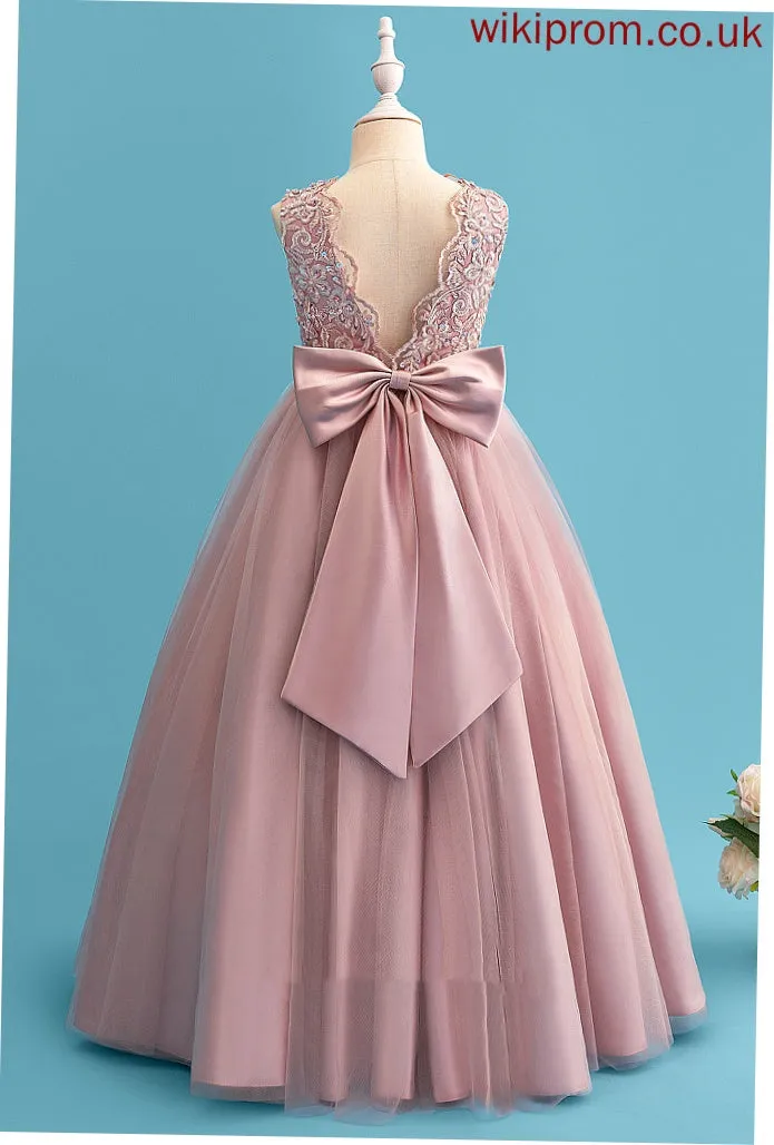 With Flower Girl Ball-Gown/Princess Scoop Beading/Sequins Floor-length Sleeveless Dress Flower Girl Dresses Satin/Tulle/Lace - Elaine Neck